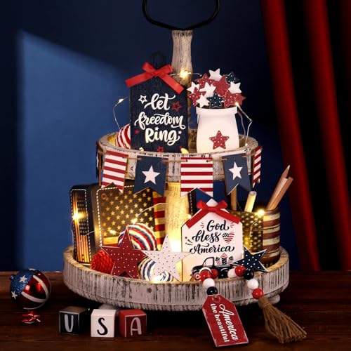 FoldTier 18 Pcs 4th of July Tiered Tray Decor Set Rustic Patriotic Independence Day Decoration Glow Vintage Farmhouse 4th of July Tiered Tray Sign Wooden Red White Blue Decor for Table(Patriotic) - style: Patriotic