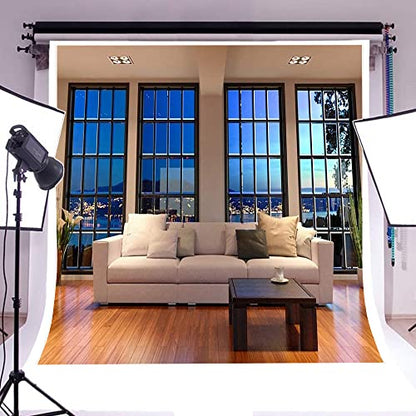 AOFOTO 10x10ft Business Office Window View Backdrop French Sash Modern Living Room Interior Sofa Casement Photography Background Work at Home Nightscape Wooden Floor Furniture Video Studio Props Vinyl - size: 10x10ft