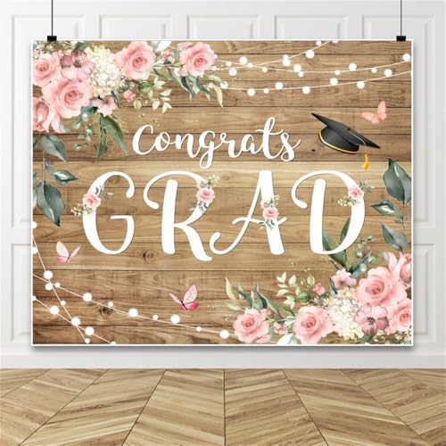 Graduation Congrats Grad Photography Backdrops 10x6.5ft Vinyl Boho Floral Flower Wood Board Class of 2025 Backdrop Background Party Background Banner Supplies Photo Booth Props for Prom Party - size: 10′x6.5′