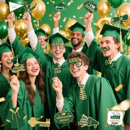 JOJO FLY 21 Pieces Graduation Photo Booth Props 2026, Green and Gold Graduation Decorations 2026, Class of 2026, Grad Party Supplies