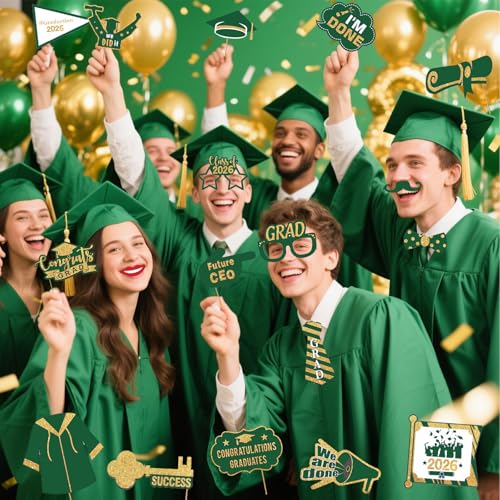 JOJO FLY 21 Pieces Graduation Photo Booth Props 2026, Green and Gold Graduation Decorations 2026, Class of 2026, Grad Party Supplies