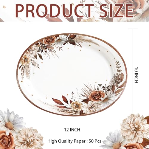 Grencian 50Pcs Fall Boho Floral Oval Paper Plates 10" x 12" Large Disposable Heavy Duty Fall Boho Rustic Dark Flower Tableware Dessert Plates for Autumn Thanksgiving Birthday Wedding Party Supplies - style: Fall Boho Flower Oval Set