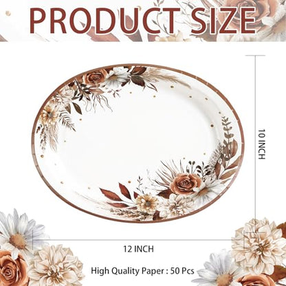 Grencian 50Pcs Fall Boho Floral Oval Paper Plates 10" x 12" Large Disposable Heavy Duty Fall Boho Rustic Dark Flower Tableware Dessert Plates for Autumn Thanksgiving Birthday Wedding Party Supplies - style: Fall Boho Flower Oval Set