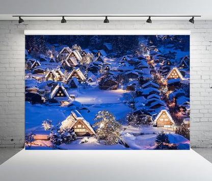 10x8ft Fabric Christmas Backdrop Winter Rustic Village Night View Scenery Photography Background Kids Adults Christmas New Year Party Decoration Photo Studio Props - size: 10x8FT