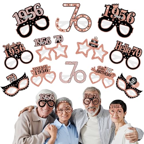 Turypaty 12Pcs 1956 70th Birthday Paper Glasses Decorations for Women - Rose Gold Happy 70th Birthday Paper Eyeglasses Photo Props Gifts, Vintage 1956 70 Years Old Birthday Party Supplies - style: Rose Gold 70th