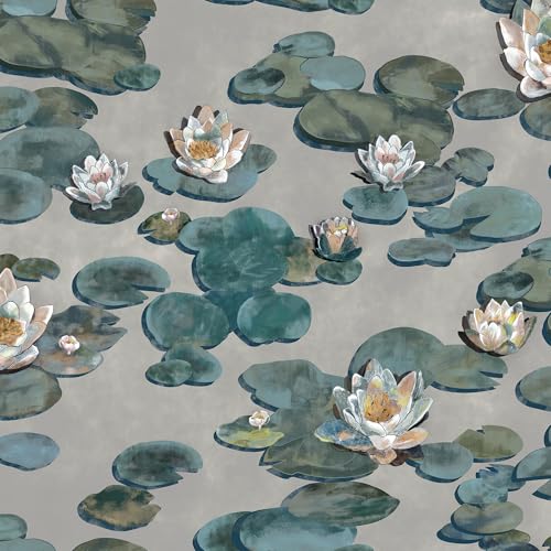 Vinjiasin Floral Peel and Stick Wallpaper Boho Grey and Green Oil Painting Wall Paper Vintage Lotus Contact Paper Neutral Removable Wallpaper for Bathroom Bedroom Accent Wall Vinyl Roll 17.3''×78.7'' - color: Grey and Green, size: 17.3" x 78.7"