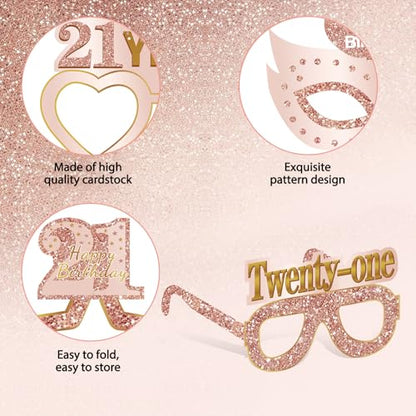 Guiruiy 24PCS 21st Birthday Paper Eyeglasses Decorations for Her, Pink Rose Gold Happy 21st Birthday Eyeglasses Gifts for Girls Women, Funny Finally 21 Year Old Birthday Glasses Party Supplies - style: Rose Gold 21st