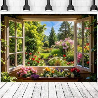 Spring Summer Garden Window Backdrop for Photography Floral Nature Landscape Photo Background Flowers and Trees Vibrant Flowers Party Decorations Banner Wedding Baby Shower Party Supplies 9x6ft - size: 9X6FT