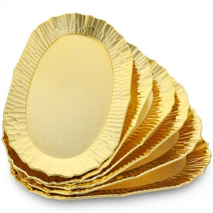 6 Pack Plastic Serving Tray Set, Gold Rectangular Serving Platters 14"x8.5", Reusable Food Display Trays, Decorative Appetizer Platters for Party Dessert Table Cupcake Charcuterie Cookies
