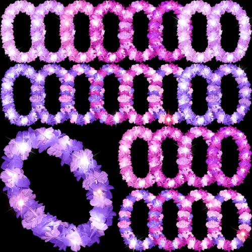 Sherr 24 Pcs LED Light Pink Purple Leis Light up Wedding Hawaiian Leis Flower Necklace with LED Lights Beach Tropical Carnival Party Wedding Supplies Luau for Masquerade - color: Multi Purple