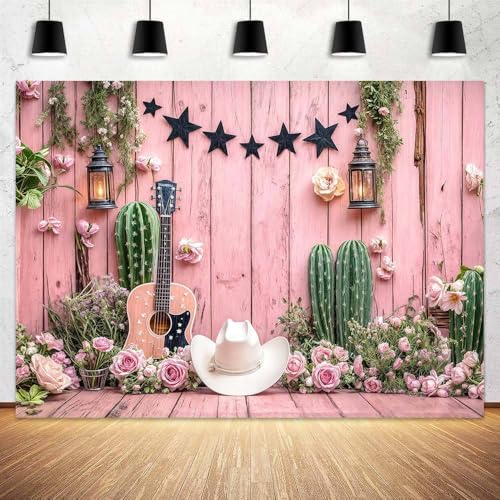 7 x 5 ft Western Party Backdrop Pink Cowgirl Gold Coins Cactus Stars Wooden Background Wild West Rustic Bridal Shower Birthday Party Decorations Photo Booth Studio Props - color: Pink, size: 7x5ft