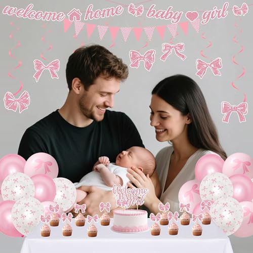 Welcome Home Baby Girl Decorations - 42 Pcs Pink Bow Baby Shower Decoration Banners Hanging Swirls Large Cake Topper Cupcakes Triangle Flag Balloons for Girls Baby Party Photo Props Decor Supplies