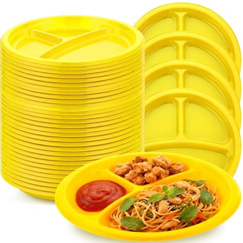 Umigy 100 Pcs 10 Inch 3 Compartments Divided Plastic Plates Bulk Colorful Disposable Heavy Duty Round Dinnerware for Party Valentine Wedding Birthday(Yellow) - color: Yellow