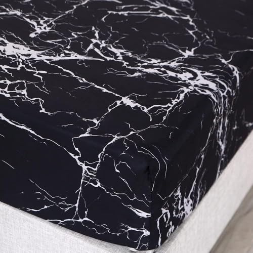 MAG Black Marble, Super Soft Microfiber Bed Sheet 4PC, Marble Bedding Sheet Set Included 1 Fitted Sheet with 2 Pillowcases, 14 Inches Deep (Twin, Black) - color: Black-marble, size: Twin