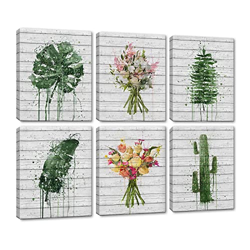 Botanical Canvas Wall Art 6 Panels Flower and Leaf Pictures Vintage Style Posters Canvas Prints Framed Art Hanging in The Bedroom Bathroom Living Room Dinning Room Office Fireplace Kitchen Murals - color: Flower-04