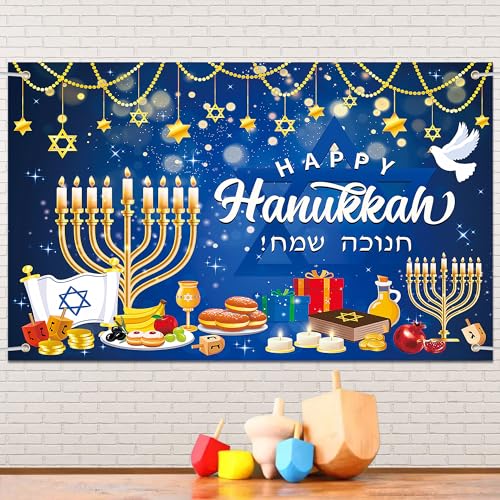 Lucleag Happy Hanukkah Backdrop Banner, 71 x 43 Inch Menorah Blue Shiny Lamps Chanukah Party Background for Hanukkah Decorations, Banner Photography Backdrop for Hanukkah Party Supplies