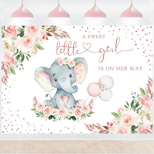 InMemory Cute Elephant Baby Shower Backdrop Watercolor Flower It's A Girl Oh Baby Shower Party Decorations Photography Background Floral Sweet Little Peanut is On The Way Banner 7x5ft - color: Pink Gold, size: 7x5ft