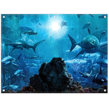 Fabric 8x6ft Shark Theme Photography Backdrop Underwater Deep Ocean Animals Fish Background Aquarium Kids Party Decorations Photo Banner Props - size: 8'x6'