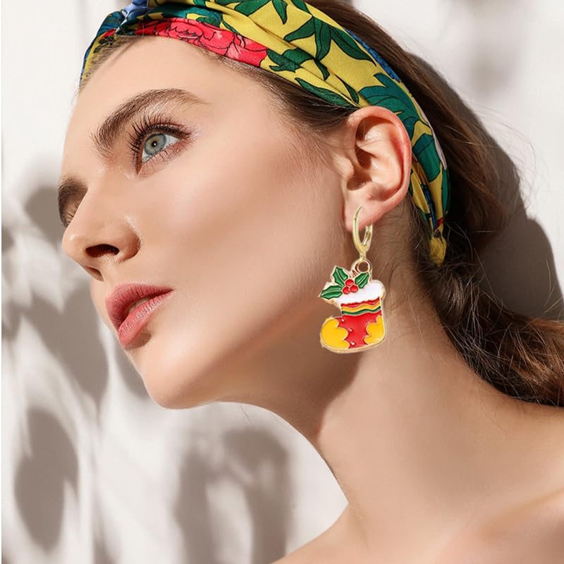 16 Pairs Christmas Reindeer Santa Hoop Earrings for Women Unique Winter Xmas Tree Snowflake Bow Bell Snowman Penguin Earrings Christmas New Year Jewelry Gifts - style: Color xmas