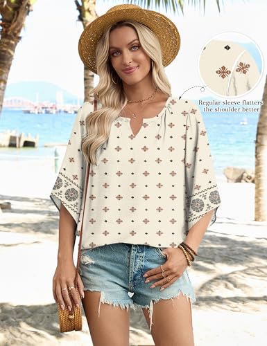 LOMON Women's 3/4 Length Sleeve Boho Tops V Neck Casual Vacation Clothes Loose Fit Tunic Shirts S-3XL - color: Apricot Floral, size: 3X-Large