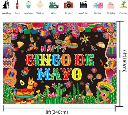 Cinco De Mayo Banner Backdrop 8x6FT Mexican Fiesta Photography Background Mexican Theme Party Decorations Supplies Photo Props - size: 8x6FT：96'x72'