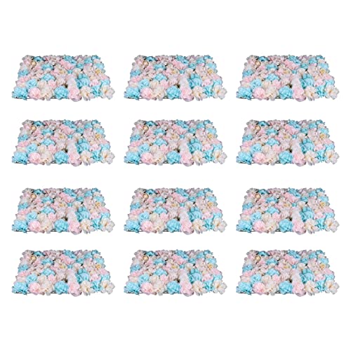 LOYALHEARTDY 12 Pack Artificial Flower Wall Panels 24" x 16" Blue & Pink Faux Hydrangea and Rose Artificial Flower Backdrop Panels for Wedding Party Event Flower Wall Decor - color: 12 Pcs, Blue+pink+yellow