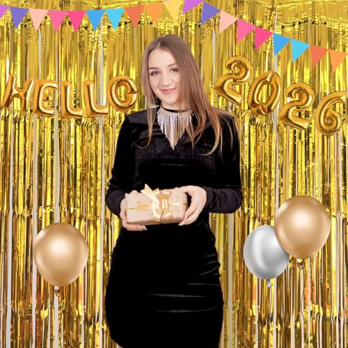 Gold Tinsel Backdrop Easter Decorations 3.3x8.2 ft, 2 Pack Foil Fringe Curtains for New Year, Photo Booth Props Door Streamers for St Patricks Day Birthday Thanksgiving Christmas Halloween Party - color: Gold