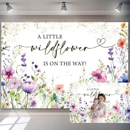 10x7ft Wildflower Baby Shower Backdrop A Little Wildflower is On The Way Backdrop Banner Colorful Flowers Themed Baby Shower Party Decoration Supplies Girl Newborn Photo Booth Props - size: 10x7ft