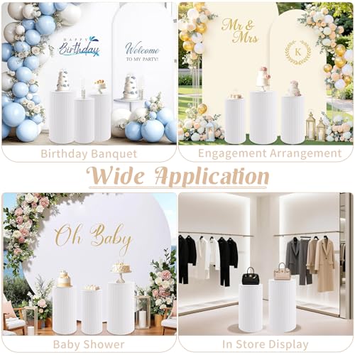 Metal Pleated Cylinder Pedestal Stands for Party, 3 Pieces Heavy Duty Round Cake Pedestal Stand Display Plinth Pillars Art Decor for Wedding Ceremony Birthday Party（Small, White） - size: L:23.82"x12.6", M:21.85"x11.02", S:19.88"x9.45"