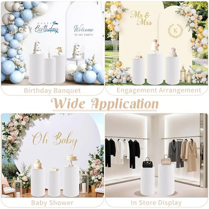 Metal Pleated Cylinder Pedestal Stands for Party, 3 Pieces Heavy Duty Round Cake Pedestal Stand Display Plinth Pillars Art Decor for Wedding Ceremony Birthday Party（Small, White） - size: L:23.82"x12.6", M:21.85"x11.02", S:19.88"x9.45"