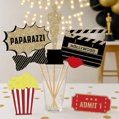 Fully Assembled Hollywood Photo Booth Props - Set of 27 - Black Gold Red Selfie Signs - Movie Night Themed Party Supplies & Decorations - Cute Oscars Designs with Real Glitter - Did We Mention No DIY - size: 27 Pieces