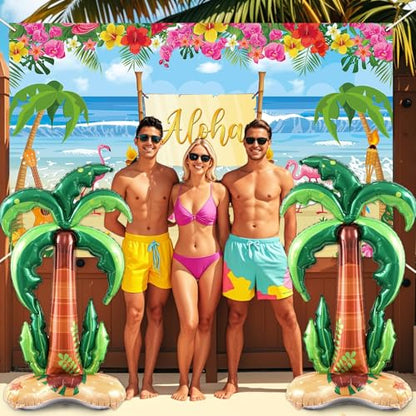 Summer Hawaiian Beach Backdrop for Aloha Luau Party Decor with Inflatable Coconut Tree Foil Balloons Hawaiian Beach Photo Booth Props Banner Palm Tree Balloon for Tropical Sea Palm Birthday Supplies