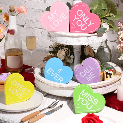 6 Pieces Valentine‘s Day Wooden Signs Colorful Heart Shaped Wood Tabletop Decor Valentine Tiered Tray Decor Love You Be Mine Kiss Me Table Centerpieces for Valentine (Cute Style,2.7 x 2.7 x 0.6 In) - color: Cute Style, size: 2.7 x 2.7 x 0.6 In