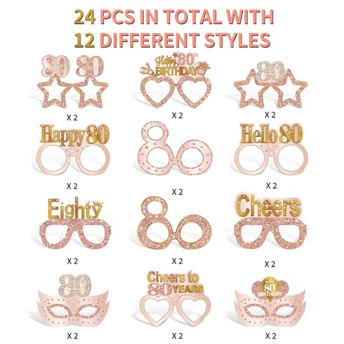 Guiruiy 24PCS 80th Birthday Eyeglasses Decorations for Women, Pink Rose Gold Happy 80th Birthday Paper Eyeglasses Party Supplies, Eighty Year Old Bday Glasses - style: Rose Gold 80th