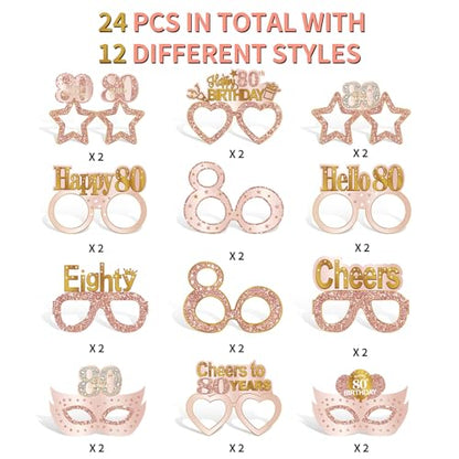 Guiruiy 24PCS 80th Birthday Eyeglasses Decorations for Women, Pink Rose Gold Happy 80th Birthday Paper Eyeglasses Party Supplies, Eighty Year Old Bday Glasses - style: Rose Gold 80th