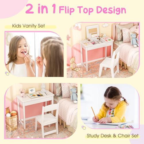 Costzon Kids Vanity, 2 in 1 Girls Vanity Set with Flip Top Mirror, Hidden Storage Space, Wooden Toddler Makeup Vanity Desk Dressing Table, Kids Vanity Table and Chair Set (White) - style: White with Flip Top Mirror