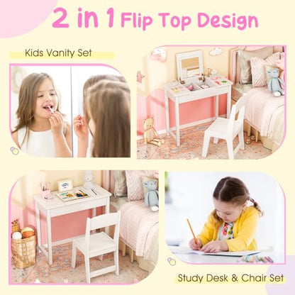 Costzon Kids Vanity, 2 in 1 Girls Vanity Set with Flip Top Mirror, Hidden Storage Space, Wooden Toddler Makeup Vanity Desk Dressing Table, Kids Vanity Table and Chair Set (White) - style: White with Flip Top Mirror