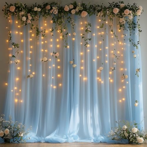 Baby Blue Tulle Backdrop Curtain with Lights - 10x10ft Sheer Backdrop with 300 LEDs for Wedding, Baby Shower, Bridal Shower, Birthday Party Photo Shoot Background and Home Decorations - color: Baby Blue, size: 10 x 10 Feet
