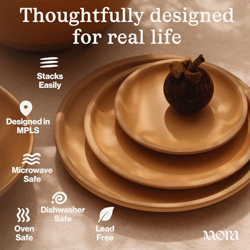 MORA Medium Plates Set of 4, 8.5 inch Ceramic Pottery Salad Plates - Microwave, Oven and Dishwasher Safe - Oat - color: Oat