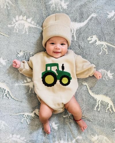 VISGOGO Newborn Infant Baby Boy Girls Oversized Romper Little Dude Sweater Onesie Coming Home Outfit Neutral Clothes - color: Beige-tractor, size: 0-3 Months