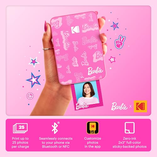 Kodak x Barbie Instant Smartphone Portable Photo Printer, Full Color, Wireless, Zink 2x3” (5.1x7.5 cm) Sticky-Back Photos, Print from iOS & Android Devices with Fun Editing App, Signature Style - color: Barbie Signature, style: Printer