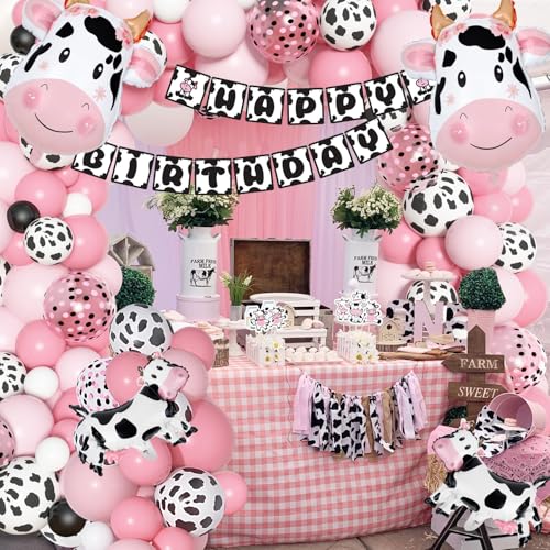 Amandir 115PCS Pink Cow Party Decorations - Balloon Garland Arch Kit with Cow Print Balloons, Happy Birthday Banner, Cake Topper for Girl Baby Shower, Farm Animals Themed Birthday Party Supplies