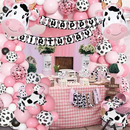 Amandir 115PCS Pink Cow Party Decorations - Balloon Garland Arch Kit with Cow Print Balloons, Happy Birthday Banner, Cake Topper for Girl Baby Shower, Farm Animals Themed Birthday Party Supplies