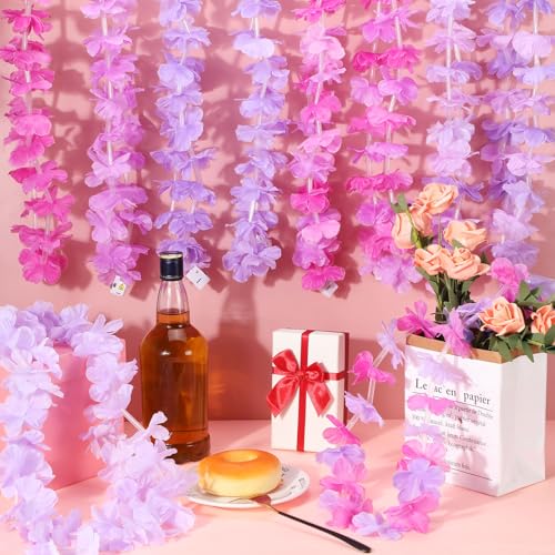 Sherr 24 Pcs LED Light Pink Purple Leis Light up Wedding Hawaiian Leis Flower Necklace with LED Lights Beach Tropical Carnival Party Wedding Supplies Luau for Masquerade - color: Multi Purple
