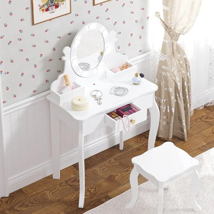 Spirich Kids Vanity, Girls Vanity Set with Mirror and Stool and Lights, Kids Vanity Table and Chair Set,Wooden Princess Makeup Desk Dressing Table - size: Round Shape With Led Blubs
