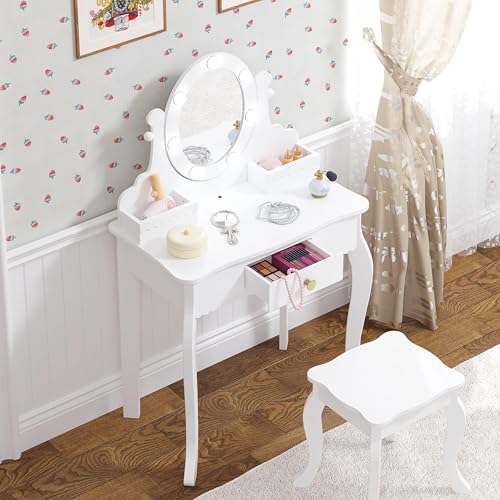Spirich Kids Vanity, Girls Vanity Set with Mirror and Stool and Lights, Kids Vanity Table and Chair Set,Wooden Princess Makeup Desk Dressing Table - size: Round Shape With Led Blubs
