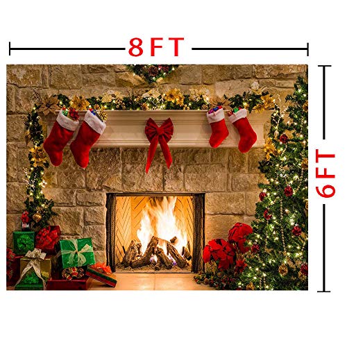 8x6ft Fireplace Holiday Photography Backdrop Photo Booths Studio Props Vinyl Christmas Stocking Tree Photo Background Winter Xmas Birthday Party Decorations Baby Shower Supplies - size: 8x6ft
