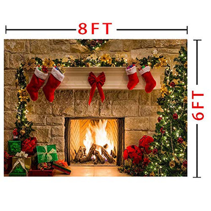 8x6ft Fireplace Holiday Photography Backdrop Photo Booths Studio Props Vinyl Christmas Stocking Tree Photo Background Winter Xmas Birthday Party Decorations Baby Shower Supplies - size: 8x6ft