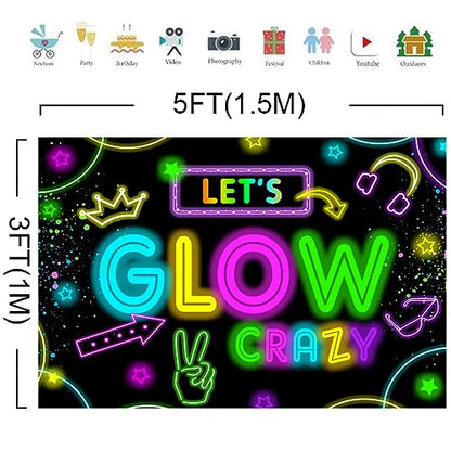 Neon Glow Party Decorations Supplies Backdrop 5x3ft Glow in The Dark Let’s Glow Banner Photography Background Birthday Sleppover Graffiti Splash Paint Black Light Kids Photo Booth - size: 5x3ft