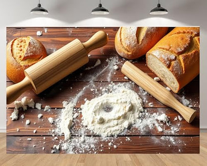10x8ft Baking Backdrop Wooden Table Fresh Bread Flour Rolling Pin Rustic Kitchen Style Background for Birthday Baking Theme Party Cooking Classes Food Photography Decor Booth Props Banner - size: 10x8FT